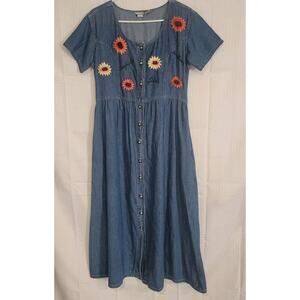 Jane Ashley VTG Denim Embroidered sunflower dress LG grannycore cottagecore boho